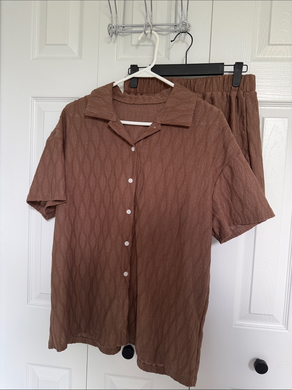Women’s Textured Short-Sleeve Button-Up Shirt and shorts set in Brown